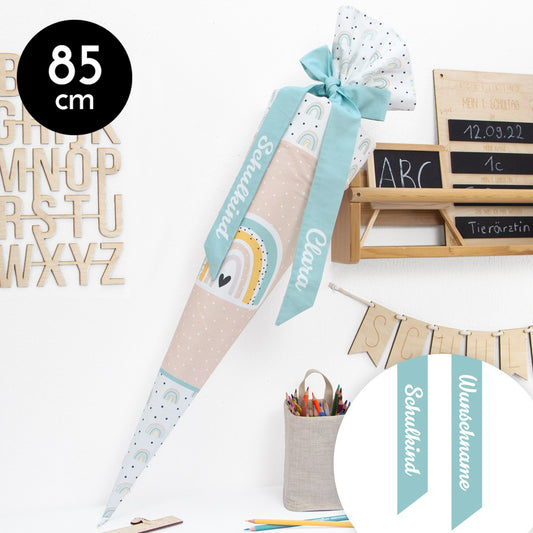 Schultüte aus Baumwolle mit Wunschname - Happy Rainbows Schleife - 85 cm