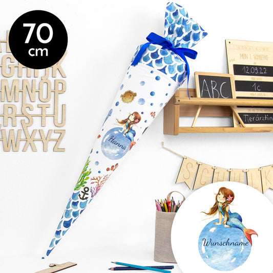 Schultüte aus Baumwolle mit Wunschname - Sealife Mermaid - 70 cm
