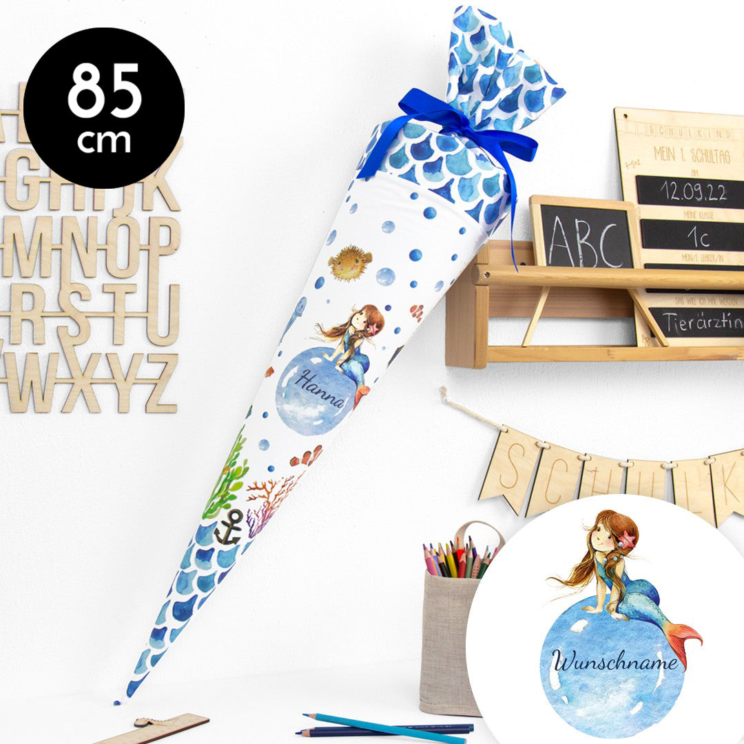 Schultüte aus Baumwolle mit Wunschname - Sealife Mermaid - 85 cm