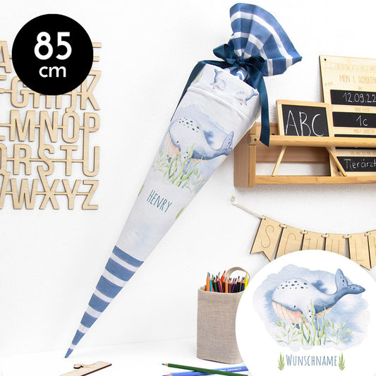 Schultüte aus Baumwolle mit Wunschname - Unterwasserwelt Wal - 85 cm