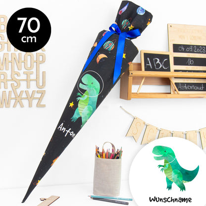 Schultüte aus Baumwolle mit Wunschname - Dino Weltall - 70 cm