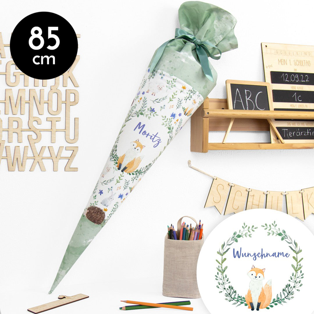 Schultüte aus Baumwolle mit Wunschname - Wiesenfreunde grün - 85 cm