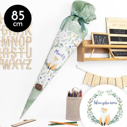 Schultüte aus Baumwolle mit Wunschname - Wiesenfreunde grün - 85 cm