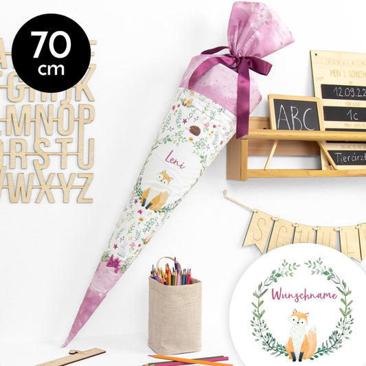 Schultüte aus Baumwolle mit Wunschname - Wiesenfreunde rosa - 70 cm