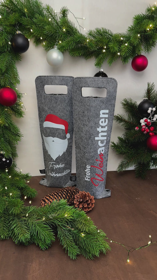 Geschenkverpackung für Wein 2er Set Flaschentasche Geschenktasche für Weinflaschen aus Filz Geschenktüte Weihnachten Weinachten / Santa - grau