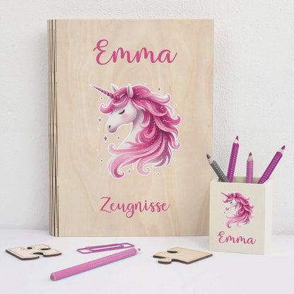 Zeugnismappe aus Holz personalisiert mit Wunschname und Wunschmotiv Geschenk zur Einschulung - Mädchen