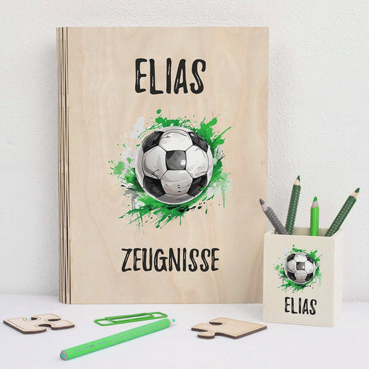 Zeugnismappe aus Holz personalisiert mit Wunschname und Wunschmotiv Geschenk zur Einschulung - Jungs