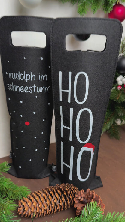 Geschenkverpackung für Wein 2er Set Flaschentasche Geschenktasche für Weinflaschen aus Filz Geschenktüte Weihnachten Hohoho / Rudolph - grau