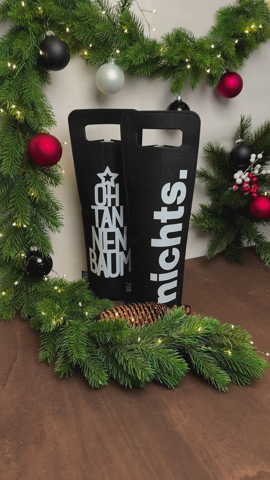 Geschenkverpackung für Wein 2er Set Flaschentasche Geschenktasche für Weinflaschen aus Filz Geschenktüte Weihnachten Oh Tannenbaum / Nichts - grau