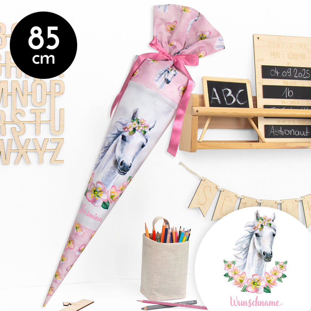 Schultüte aus Stoff mit Wunschname - Blumenpferd - 85 cm