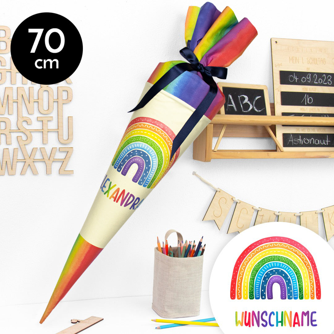 Schultüte aus Stoff mit Wunschname - Bunter Regenbogen - 70 cm
