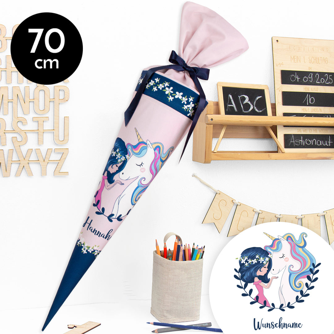 Schultüte aus Stoff mit Wunschname - Einhornfreundin - 70 cm