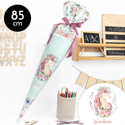 Schultüte aus Stoff mit Wunschname - Lovely Unicorn - 85 cm