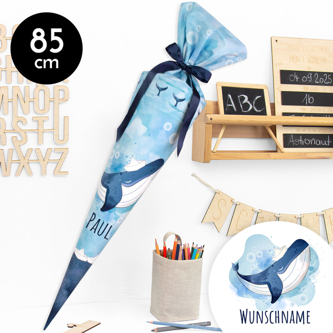 Schultüte aus Stoff mit Wunschname - Matrose Wal - 85 cm