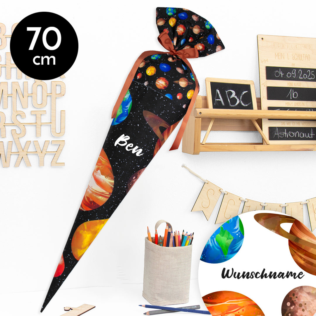 Schultüte aus Stoff mit Wunschname - Planetenspaß - 70 cm