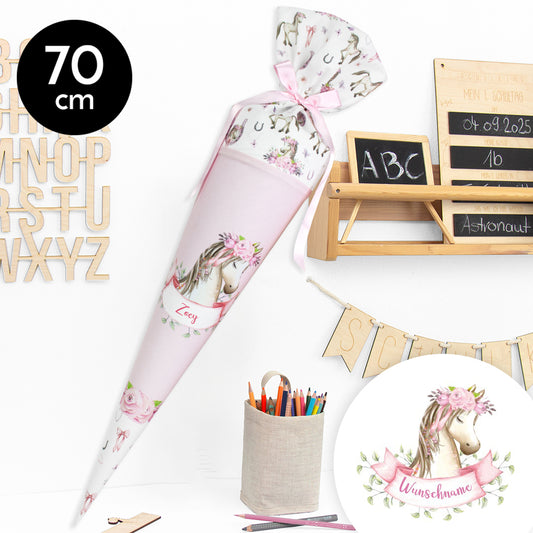 Schultüte aus Stoff mit Wunschname - Pretty Pony - 70 cm