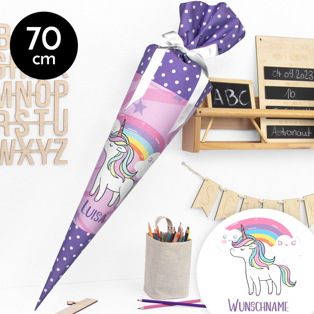 Schultüte aus Stoff mit Wunschname - Regenbogen Einhorn - 70 cm