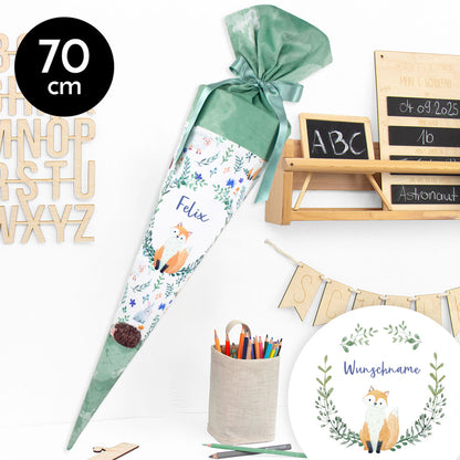 Schultüte aus Stoff mit Wunschname - Wiesenfreunde - grün - 70 cm