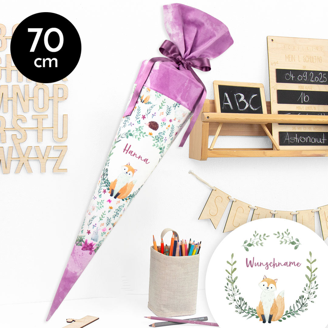 Schultüte aus Stoff mit Wunschname - Wiesenfreunde - rosa - 70 cm