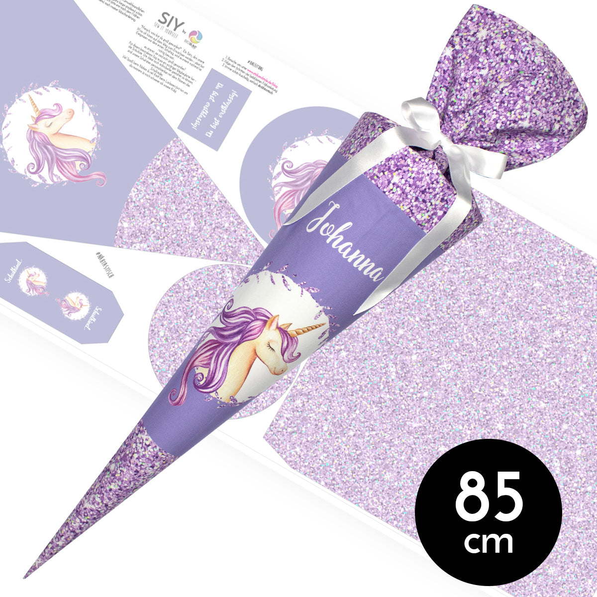 DIY Schultüte zum Selbernähen Schnittmuster auf Stoff mit Wunschname personalisierbar - Glitzer Einhorn - 85 cm