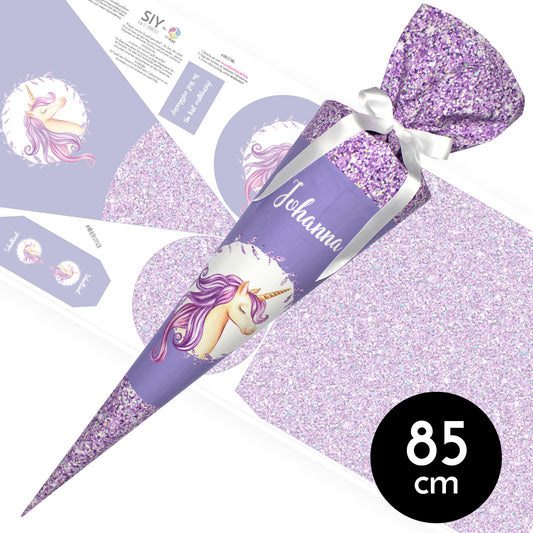 DIY Schultüte zum Selbernähen Schnittmuster auf Stoff mit Wunschname personalisierbar - Glitzer Einhorn - 85 cm