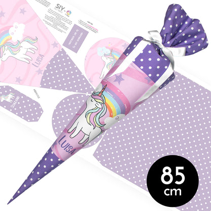 DIY Schultüte zum Selbernähen Schnittmuster auf Stoff mit Wunschname personalisierbar - Regenbogen Einhorn - 85 cm