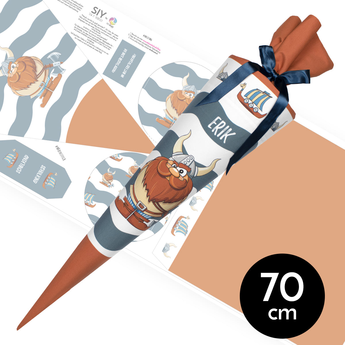 DIY Schultüte zum Selbernähen Schnittmuster auf Stoff mit Wunschname personalisierbar - Wikinger Erik - 70 cm
