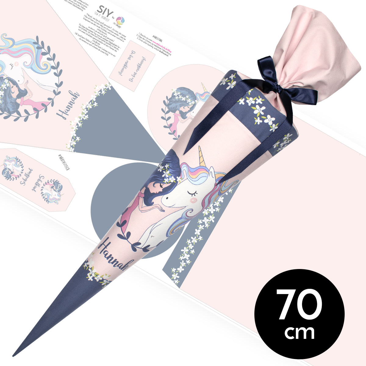 DIY Schultüte zum Selbernähen Schnittmuster auf Stoff mit Wunschname personalisierbar – Einhornfreundin - 70 cm