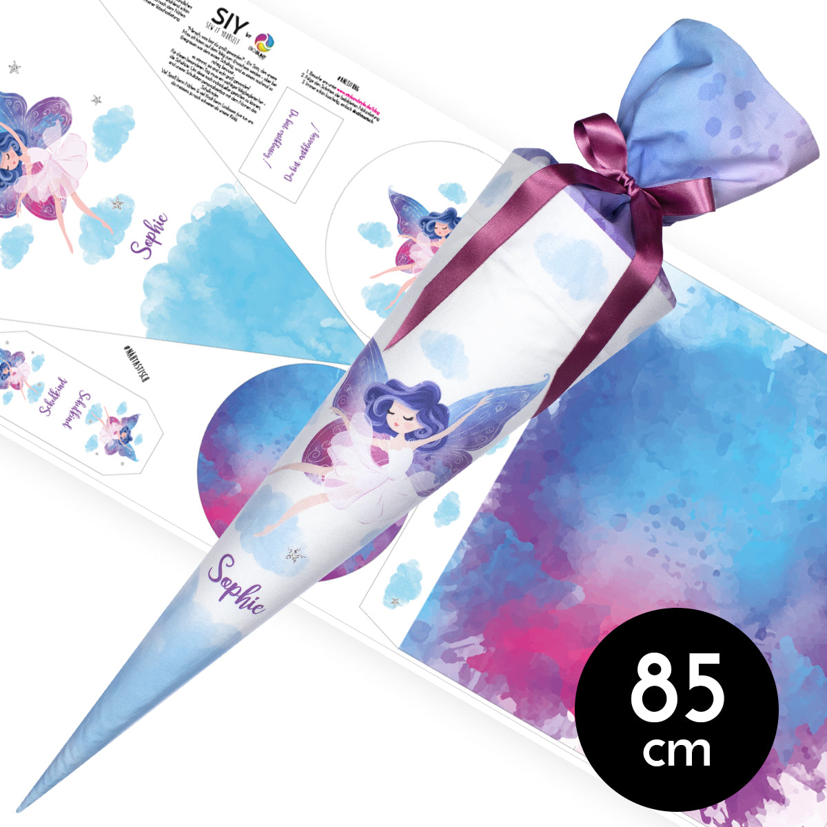 DIY Schultüte zum Selbernähen Schnittmuster auf Stoff mit Wunschname personalisierbar - Feenland - 85 cm