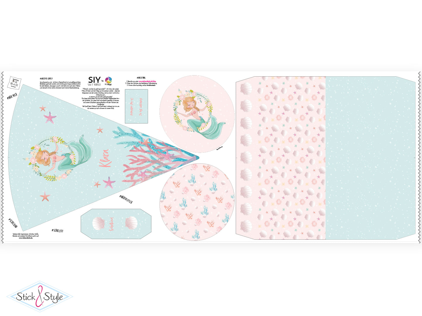 DIY Schultüte zum Selbernähen Schnittmuster auf Stoff mit Wunschname personalisierbar - Meera Mermaid - 70 cm