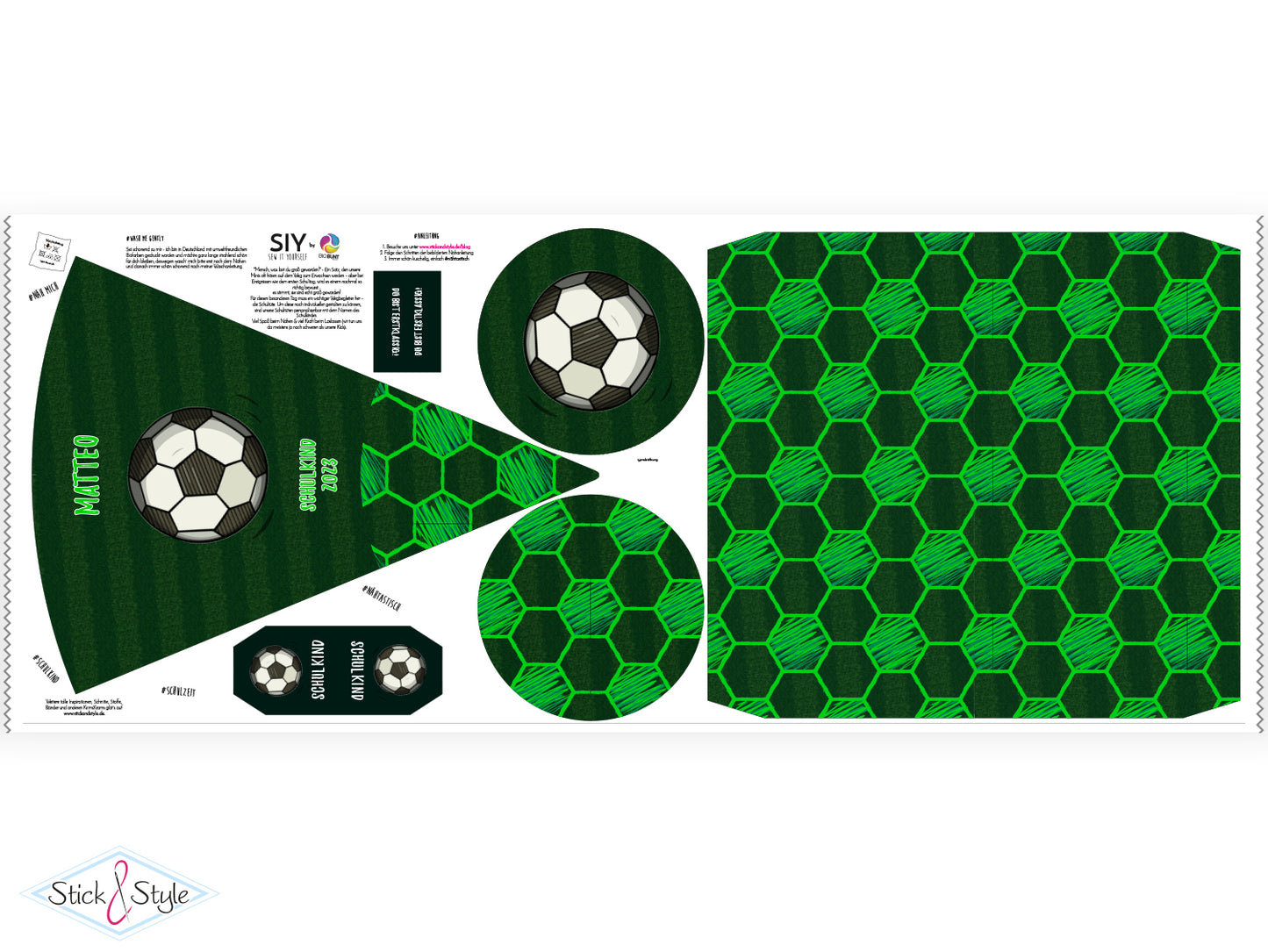 DIY Schultüte zum Selbernähen Schnittmuster auf Stoff mit Wunschname personalisierbar – Fußballchampion - 70 cm