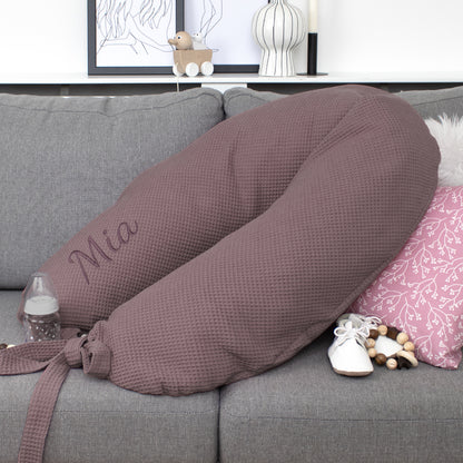 Stillkissen Set Kissen inkl. Bezug XXL Wunschname bestickt Seitenschläferkissen 190 cm Waffelpiqué 100% Baumwolle Boho