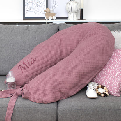 Stillkissen Set Kissen inkl. Bezug XXL Wunschname bestickt Seitenschläferkissen 190 cm Waffelpiqué 100% Baumwolle Mädchen