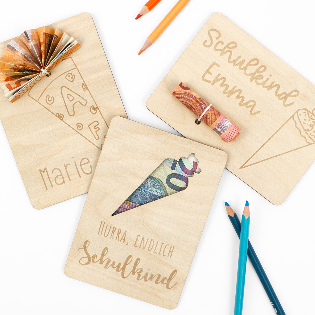 Geschenkkarte Holz Geldgeschenk Schulstart - Schultüte Wunschname